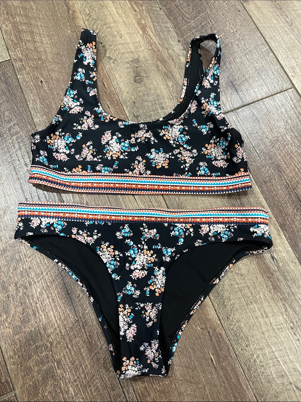 Cupshe Black Floral Two-Piece Bikini with Blue and Peach Accents